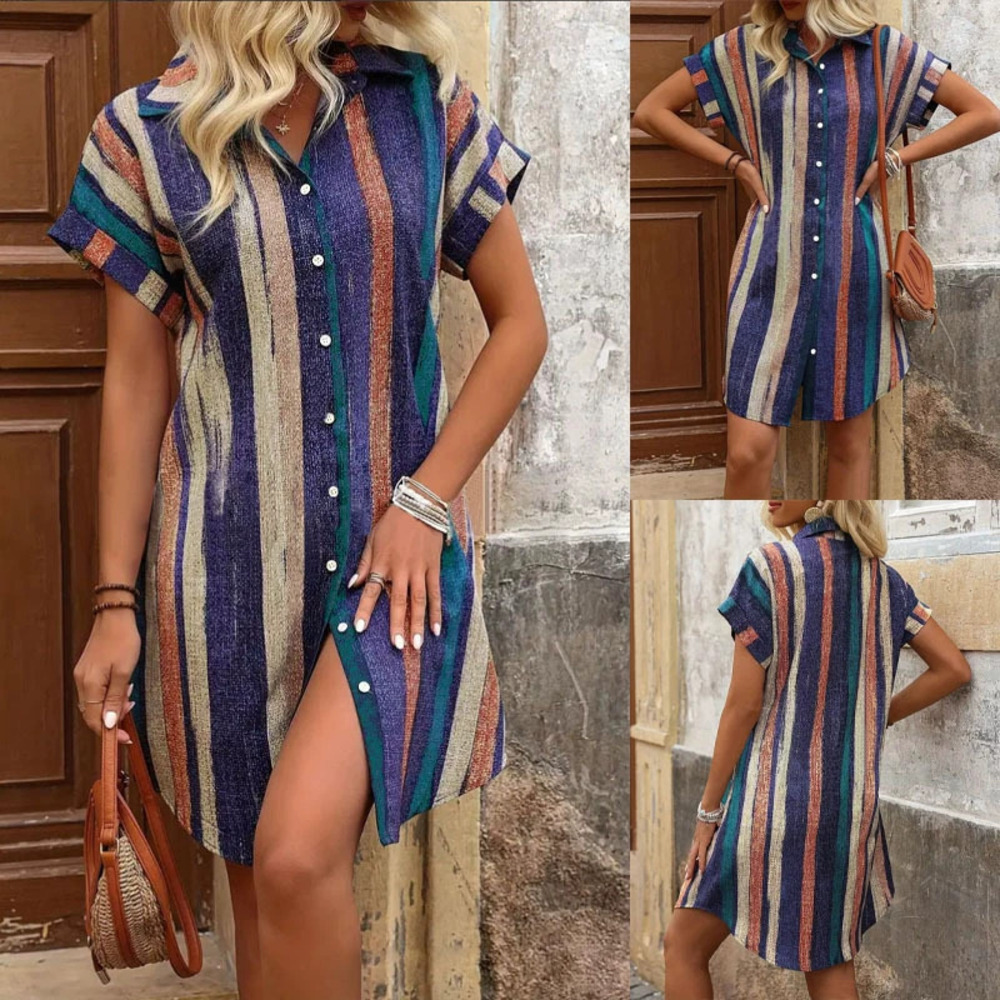 Forever 21 Colorful Striped Short-Sleeve Midi Shirt Dress Summer